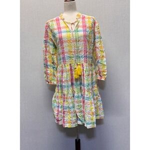 Dean Alan Plaid Seersucker Tiered Dress Womens M Rainbow Tassel Boho Cottagecore